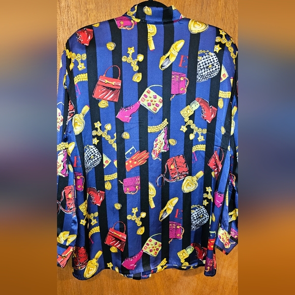 VTG 90'S ESCADA MARAGRETHA LEY BLUE BAROQUE SHOPPING PRINT SILK - Picture 3 of 4